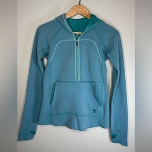 Mountain Hardwear Womens Hooded Wool Blend Pullover Small Teal Aqua Half Zip Out